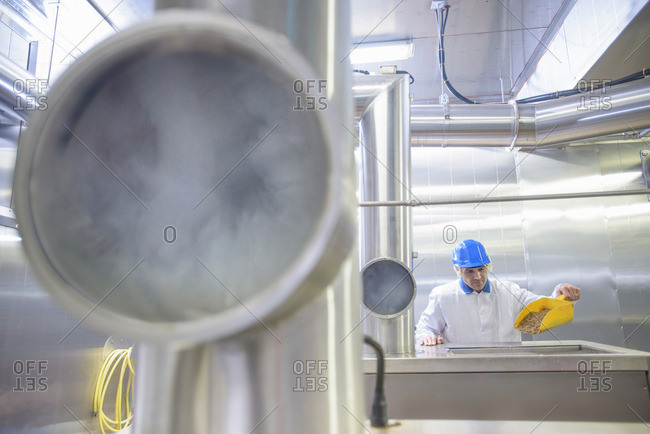 Worker in food factory operating fish smoking machine