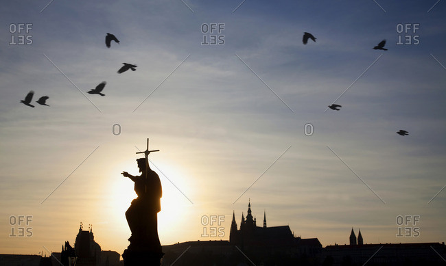 Historic landmarks in silhouette, Prague