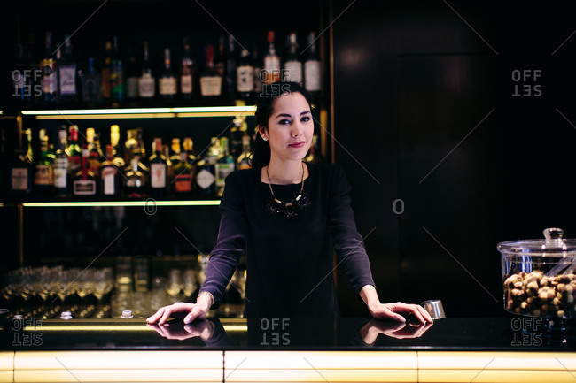 Portrait of young barmaid in boutique hotel cocktail bar