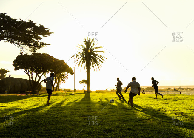 Friends playing football on grass by palm trees, Camps Bay Beach, Cape Town, South Africa