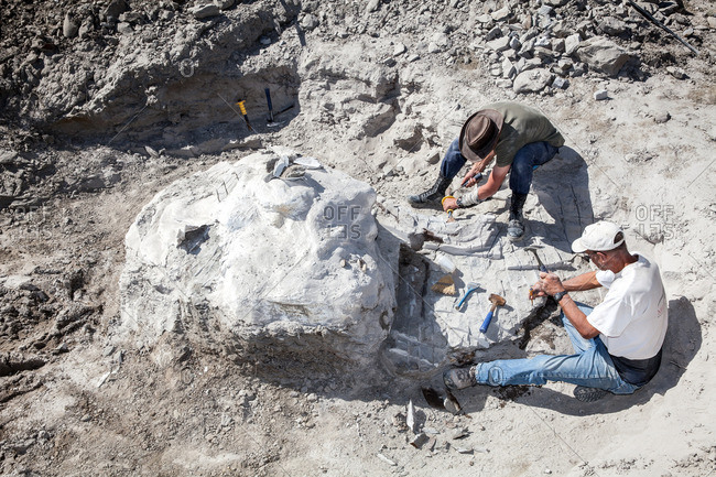 Two men working in a quarry to remove a large fossil in Utah\'s Kaiparowits Plateau