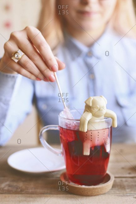 Woman stirring tea with a sugar stick and a dog, shaped tea infuser
