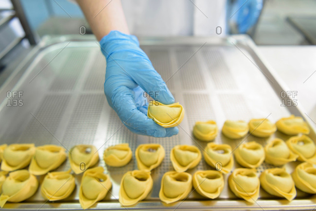Workers hand making tortellini pasta in pasta factory