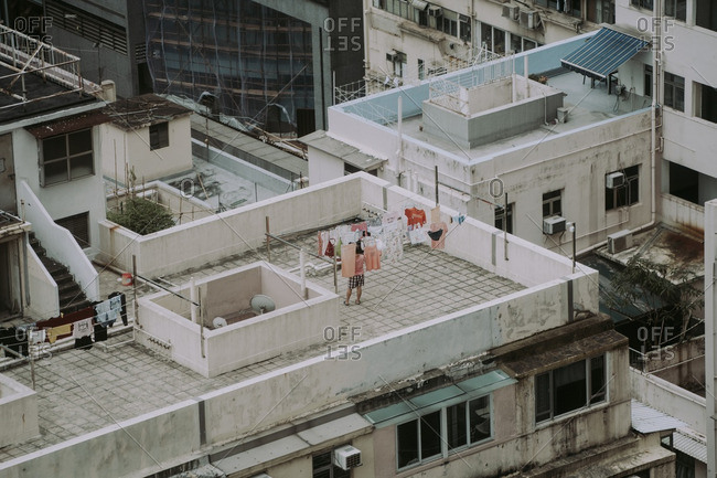 Laundry on roof of old building in the Causeway Bay area of Hong Kong