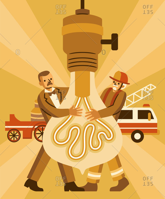 Firefighters screwing in a light bulb