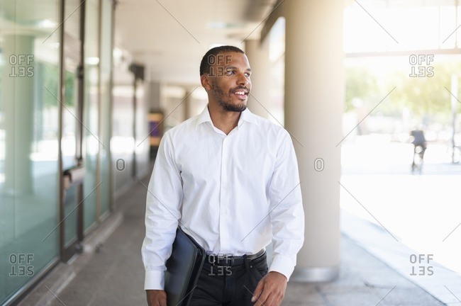 Smiling businessman with file