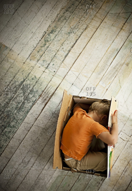 Young boy playing hide and seek in a cardboard box.