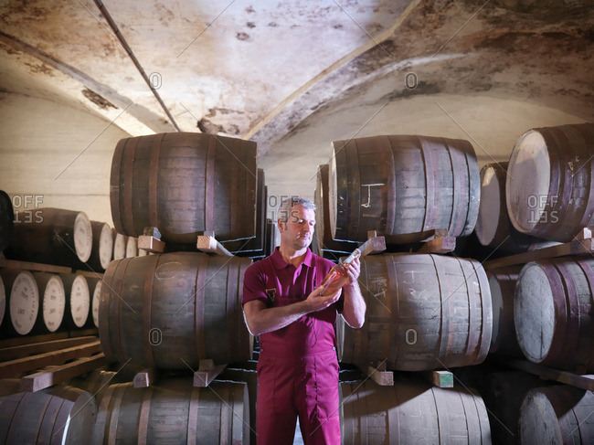 Worker with whisky bottle next to ageing whisky barrels in distillery