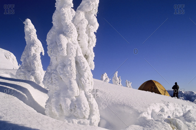 Tent and camper in snow, Mount Seymour Provincial Park, North Vancouver, British Columbia, Canada