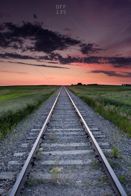Train tracks at sunrise near Leader, Saskatchewan, Canada
