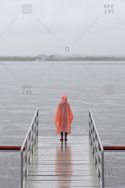 Rear view of woman wearing raincoat standing on jetty against clear sky