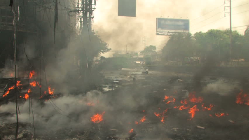 Burning City Street during riots, Bangkok, April 2010