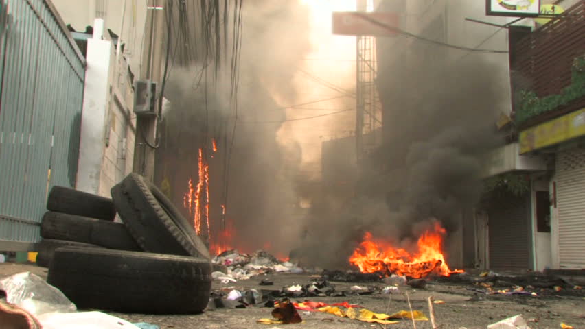 Burning City Street during riots, Bangkok, April 2010