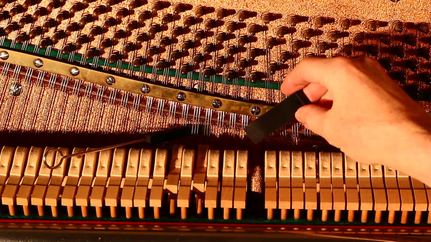 Piano tuner setting the pitch of a string,by muting the strings beside it and adjusting the pin.