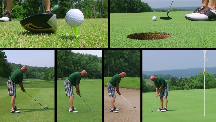 Golf montage of player putting on green and teeing off with driver.
