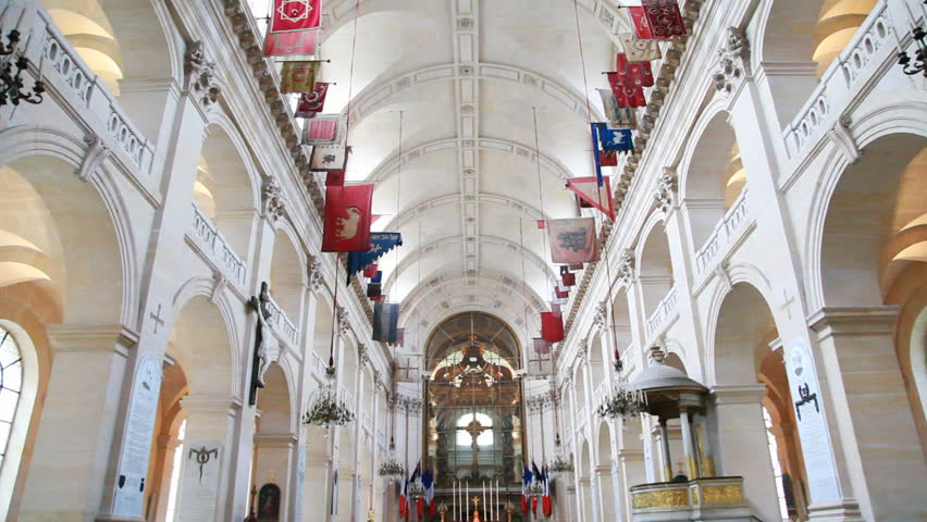 Inside Cathedral of St. Louis (cathedrale Saint-Louis-des-Invalides), famous so that it is buried Napoleon, in Paris, panorama from top to bottom