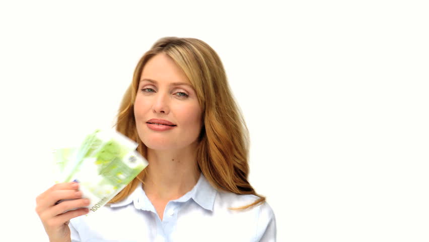 Blonde woman proud of what she earned against a white background