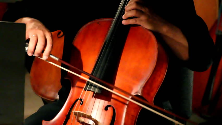 close-up view on violoncello in orchestra