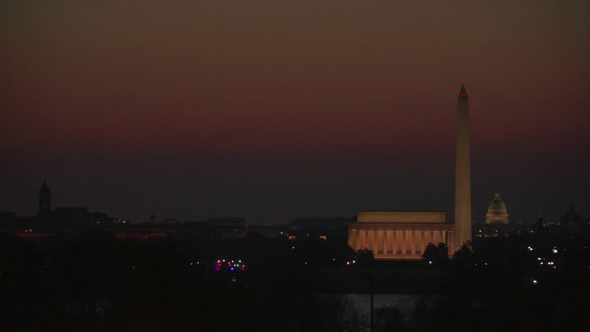 Sunrise over Washington D.C. with the Lincoln Memorial, Washington Monument and Capitol Building