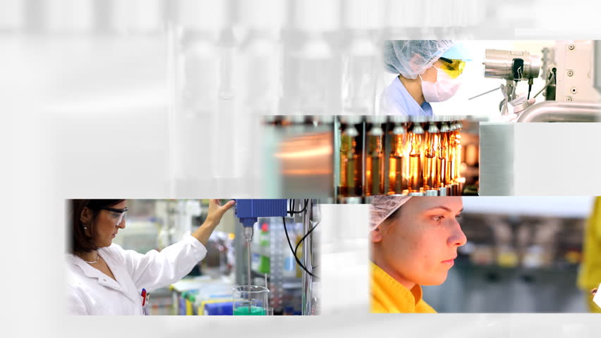Science And Medical Research.
Montage of clips showing researchers working in laboratory arranged in multi-screen on white background with medical ampules. HD1080p.