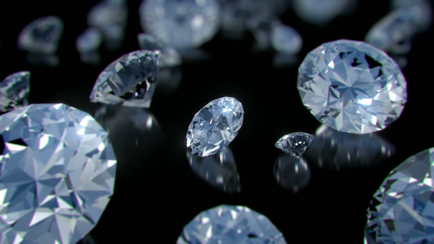 A parade of perfect diamonds rotating slowly above a glossy black surface with sparkling highlights and shallow depth of field.
