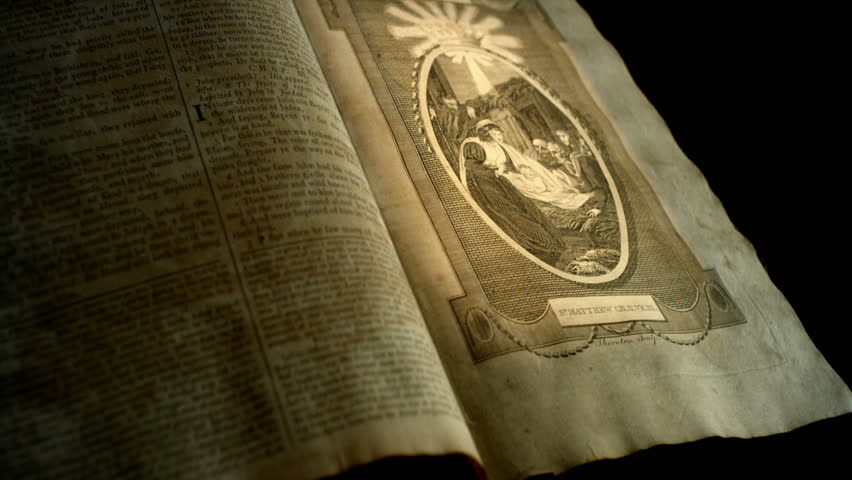 Famous biblical passages, scripture verses, and scenes depicted in an old english bible.