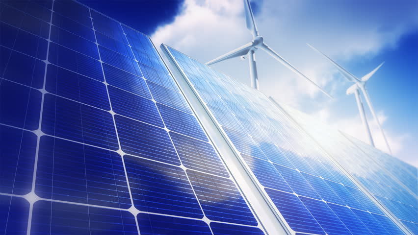 Solar Panels and Wind Turbines (Loop). Timelapse sky. Soft depth of field. Seamless loop.