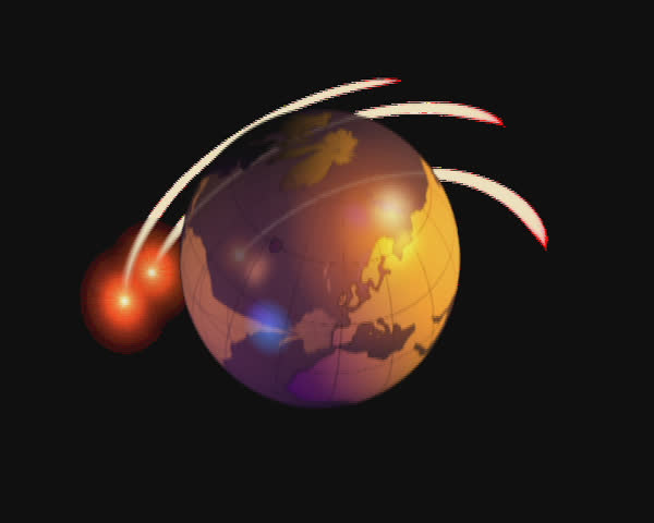 Spinning Globe surrounded by three light flairs, semi transparent (pre multiplied alpha channel embedded). Continuous loop (16 seconds) Pal Upper field first 720 x 576 nonsquare