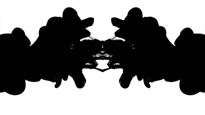 Black ink in water, reflected like a Rorschach inkblot test, moving gracefully and hypnotically