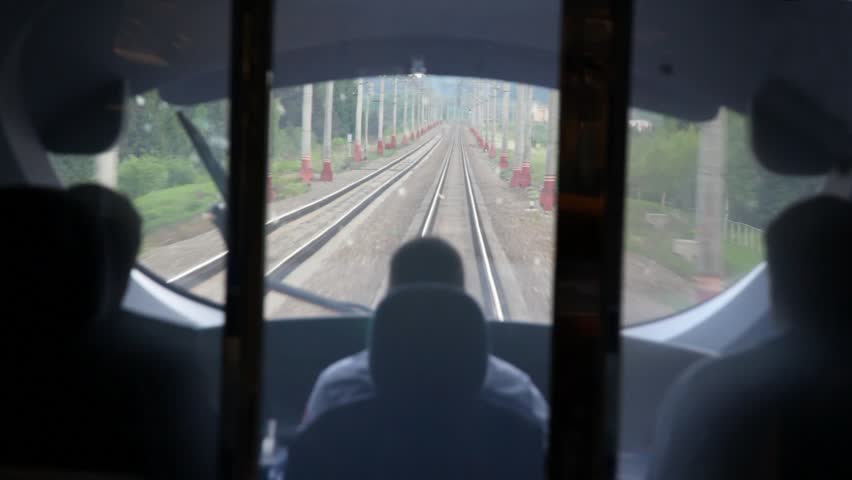 indoor train driver's cabin during movement by rail