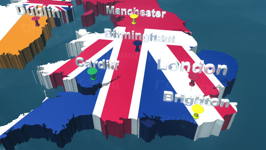 3D HD United Kingdom Map with Place Names, London, Birmingham, Manchester, Cardiff, Dublin, Glasgow, Edinburgh 