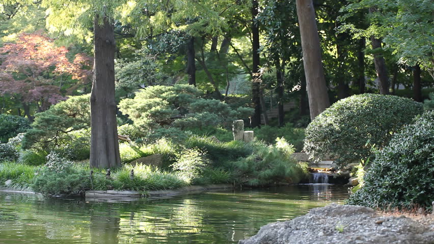 A peaceful garden scene with waterfall running by the rocks, bushes, trees and a quiet water lake pond.