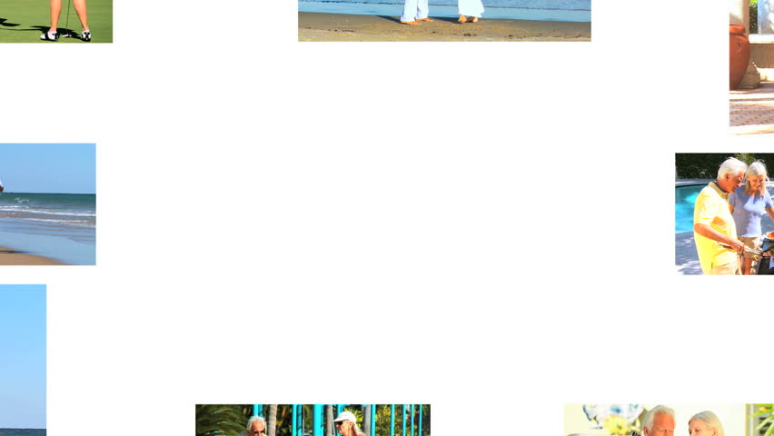 Montage images of a senior couple staying healthy with exercise & enjoying quiet relaxation