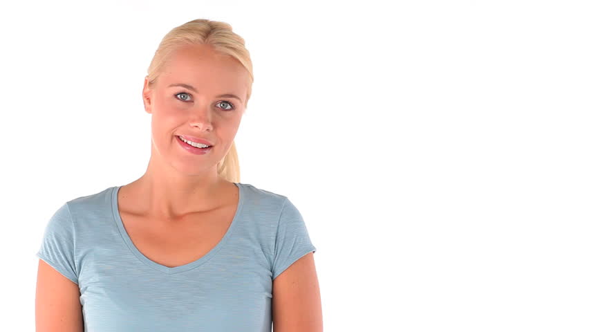 Woman showing something against a white background