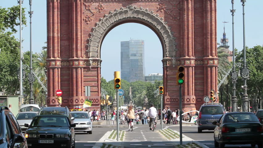 BARCELONA- MAY 21: Traffic congestion at the Arc de Triomf, May 21, 2011 in Barcelona Spain. Arc de Triomf was built for the ExposiciÃÂ³n Universal de Barcelona (1888), as its main access gate by architect Josep Vilaseca i Casanovas.