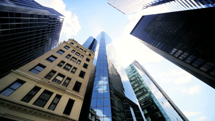 High Angle Vertical approach to a Cities Resolution to Urban Living with Skyscrapers, Office blocks, and Apartments. New York, North America, USA
