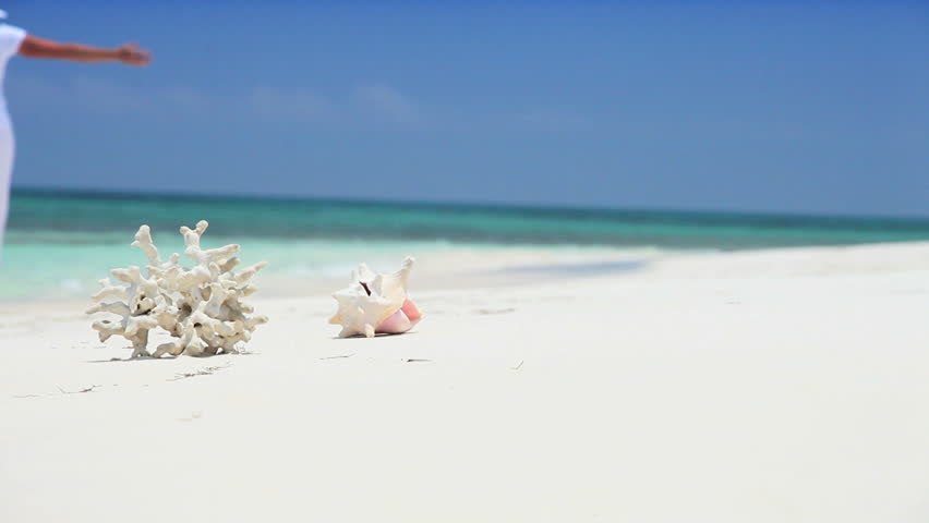 Elegant young female reveling in her solitude on a beautiful white sandy beach beside aquamarine waters