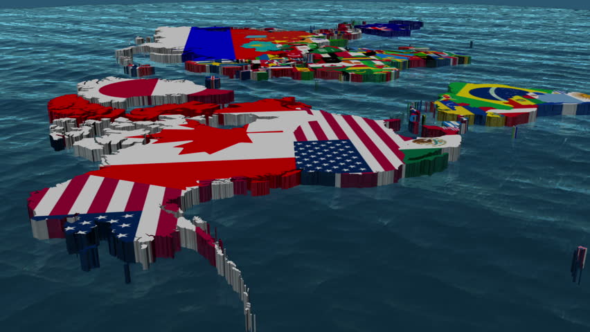 World Pan of 3D Flag Countries with Sea