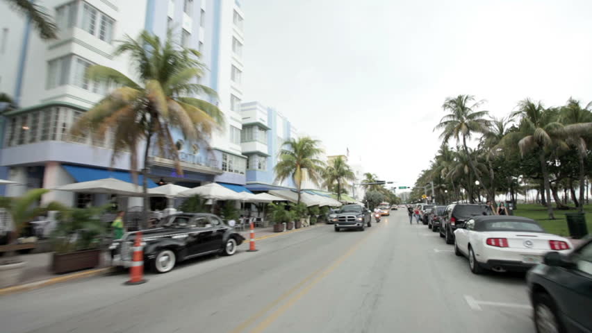 MIAMI BEACH, FLORIDA - JULY 8: Vehicle POV, driving along Ocean Drive, September 10, 2011 in Miami Beach, Florida.