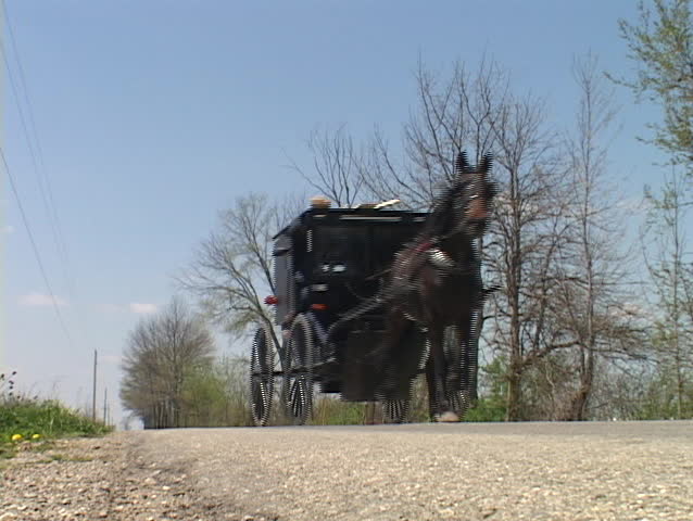 An Amish horse cart passes on a country road.