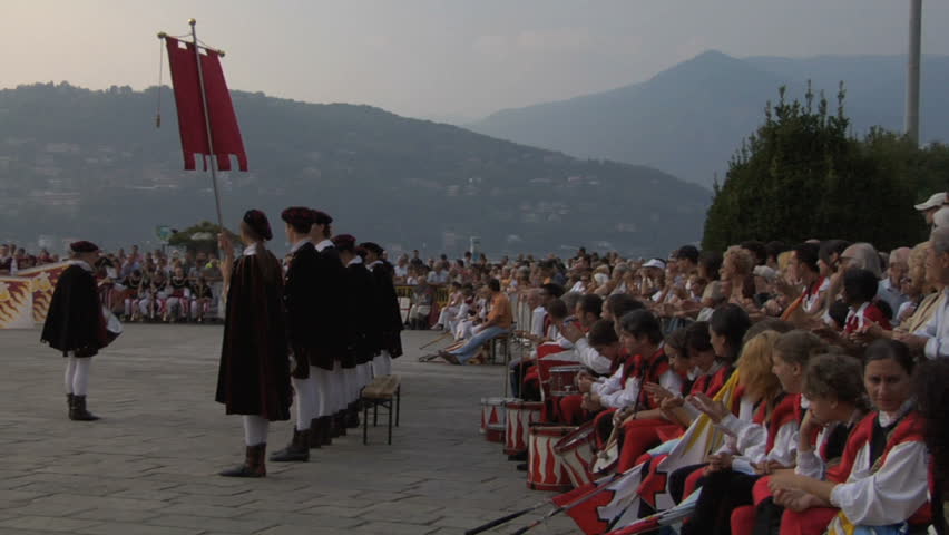 COMO, ITALY - CIRCA SEPT 2011:  Palio del Baradello re-enacts Barbarossa's visit to his allies in Como after defeating Milan in the 1159 battle, circa Sept 2011, Como, Italy. Period dances, games and shows create a medieval atmosphere at this annual event