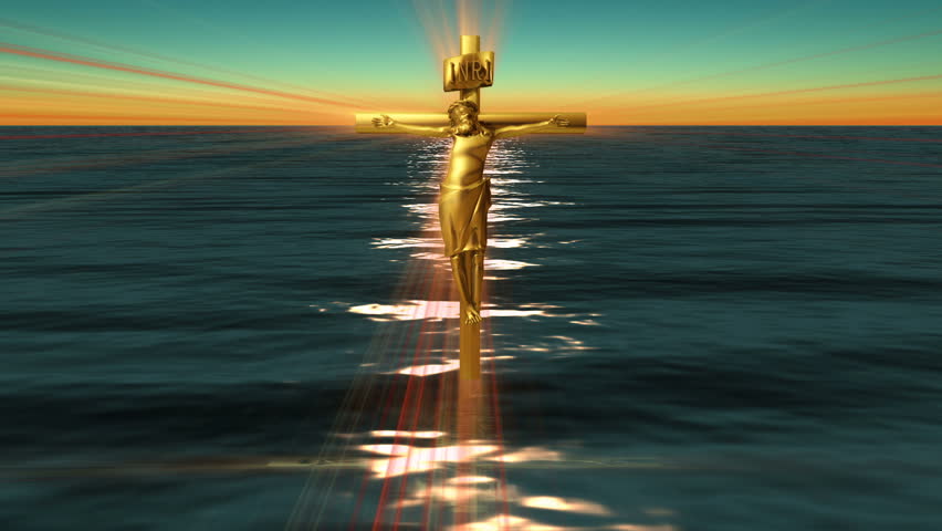 A bronze crucifix rises from the water.