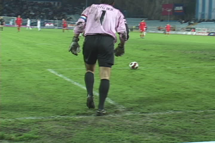 soccer (football) goalkeeper kick the ball in the soccer-field