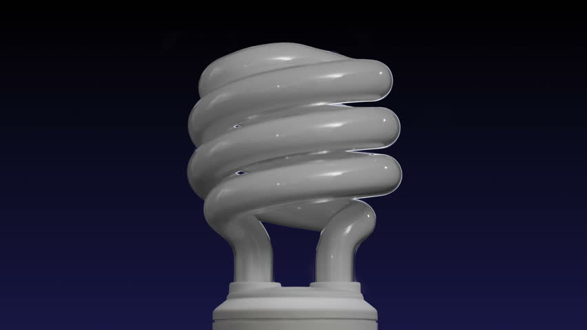 Zoom out of a compact fluorescent bulb on a dark blue flickering until it turns on as the background brightens to a blue gradient centered on the light bulb.