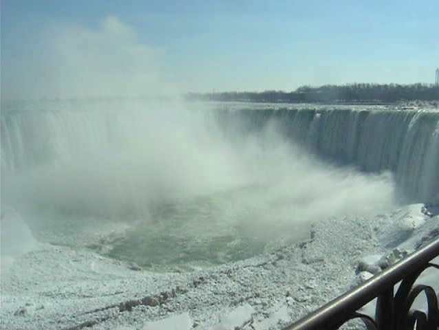 Panorama of the Canadian Niagara Falls and part of Niagara Escarpment over which the Niagara River falling in the Niagara Falls, frozen  river and the fine water spray-mist, in sunny winter day.