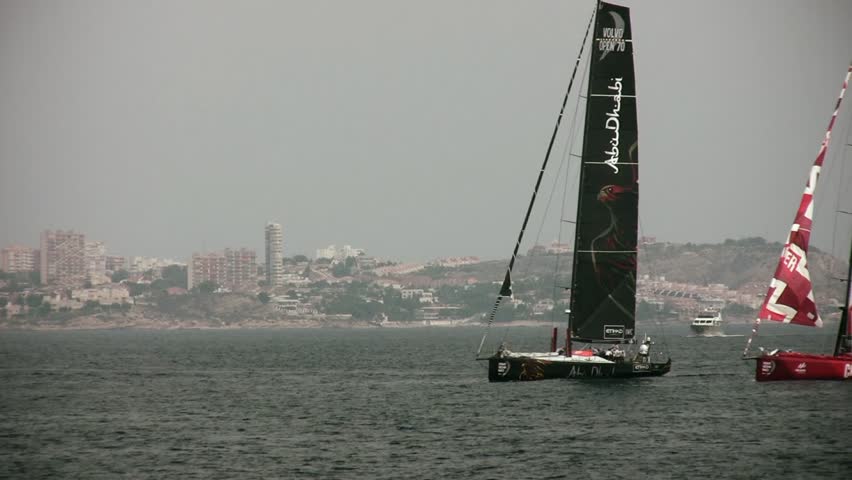 ALICANTE, SPAIN - OCTOBER 7: Abu Dhabi and Camper Team, two of the six teams participating in the race around the world "Volvo Ocean Race 2011-2012" begin their preparation in the first inshore race, October 7, 2011, Alicante, Spain.