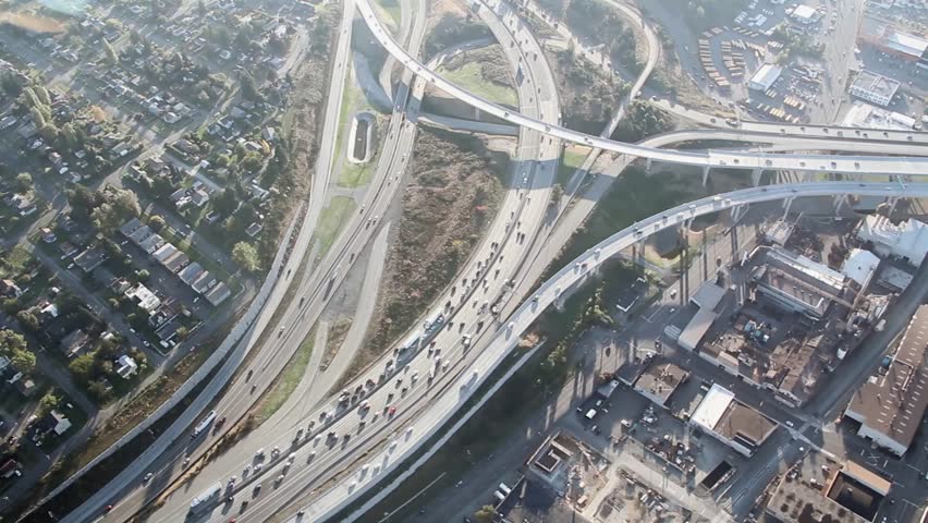 Airplane view of two intersecting highways near Tacoma, WA