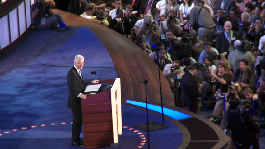 DENVER, CO - CIRCA 2008: Former President Bill Clinton endorsing Presidential Nominee Barack Obama at the Pepsi Center in Denver Colorado during the 2008 Democratic National Convention.