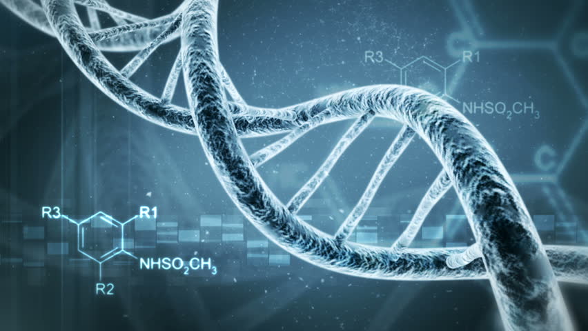 Rotating DNA with formula background. Genetic engineering scientific concept