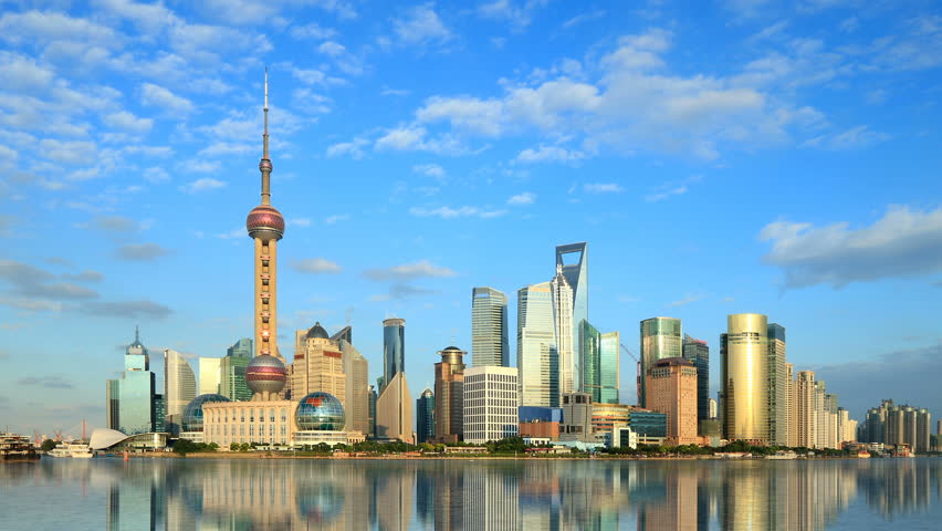 timelapse of Shanghai skyline at dusk, China.